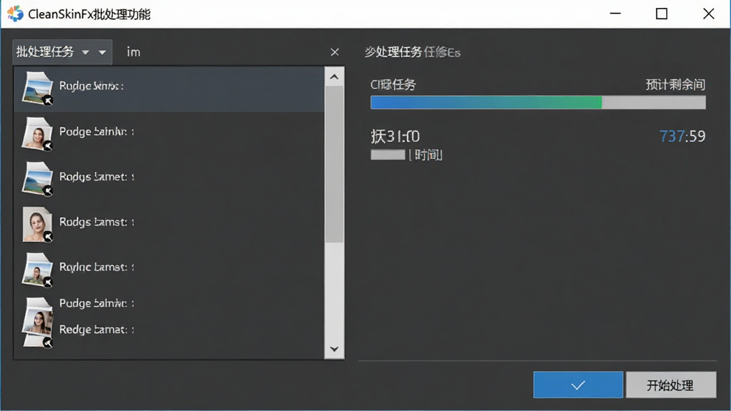 CleanSkinFX批处理功能界面截图,主体为软件批处理任务窗口,左侧列表显示多个待处理图片文件,右侧显示当前任务进度条与预计剩余时间,底部有“开始处理”按钮,整体界面简洁明了,风格商务现代,画质清晰,无多余元素