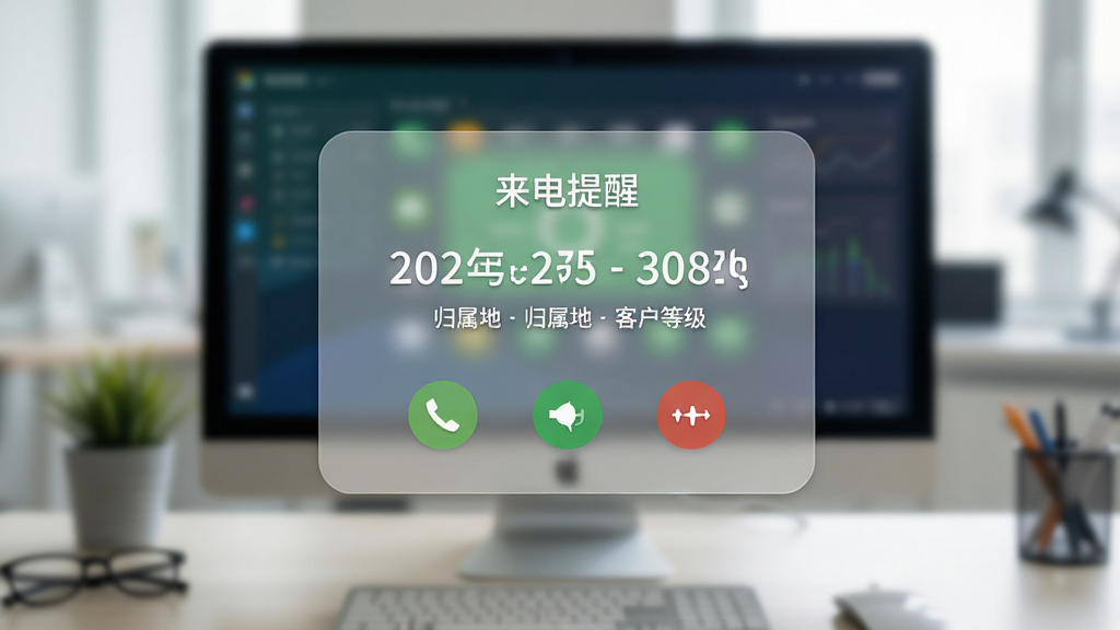 来电通来电弹屏管理软件在电脑屏幕中央弹出半透明来电信息卡片,卡片上标有“来电提醒”字样,显示号码、归属地、客户等级,背景为模糊的办公桌面,卡片设计圆润,色彩鲜明,画质细腻,无多余元素
