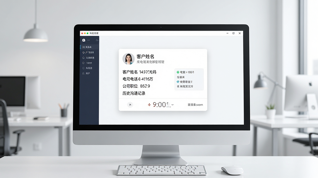 主视觉展示来电通来电弹屏管理软件在电脑桌面上弹出客户来电信息卡片,卡片清晰显示客户姓名、电话号码、公司职位及历史沟通记录,背景为现代简约办公场景,电脑屏幕亮起,界面干净清爽,画质清晰,无多余元素