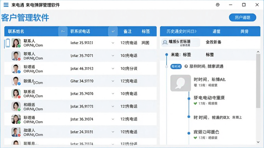 来电通来电弹屏管理软件客户管理界面,左侧列表显示联系人姓名与电话,右侧详情面板展示备注、标签、历史通话时间线,界面采用蓝白配色,表格整齐,风格现代,画质清晰,无多余元素