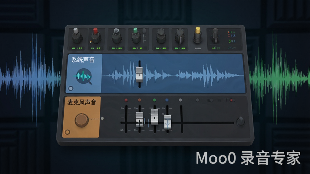 展示Moo0录音专家混音录制功能的概念图,画面中央有一个虚拟调音台,两个音轨分别标注“系统声音”和“麦克风声音”,推子处于不同高度,背景是声波波纹,软件名称“Moo0 录音专家”以水印形式置于右下角,排版清晰,风格现代,画质干净