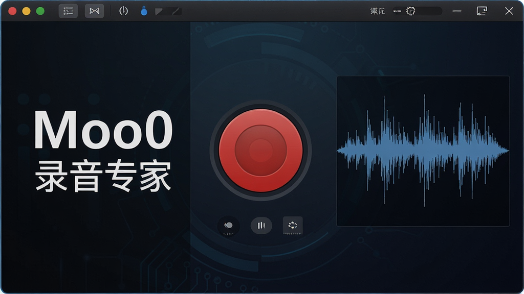 一张展示Moo0录音专家主界面的高清产品渲染图,界面布局简洁,左侧清晰标注“Moo0 录音专家”字样,中央是醒目的红色圆形录音按钮,右侧波形图实时跳动,背景为深色科技感渐变,整体风格干净、专业,画质细腻,无多余文字