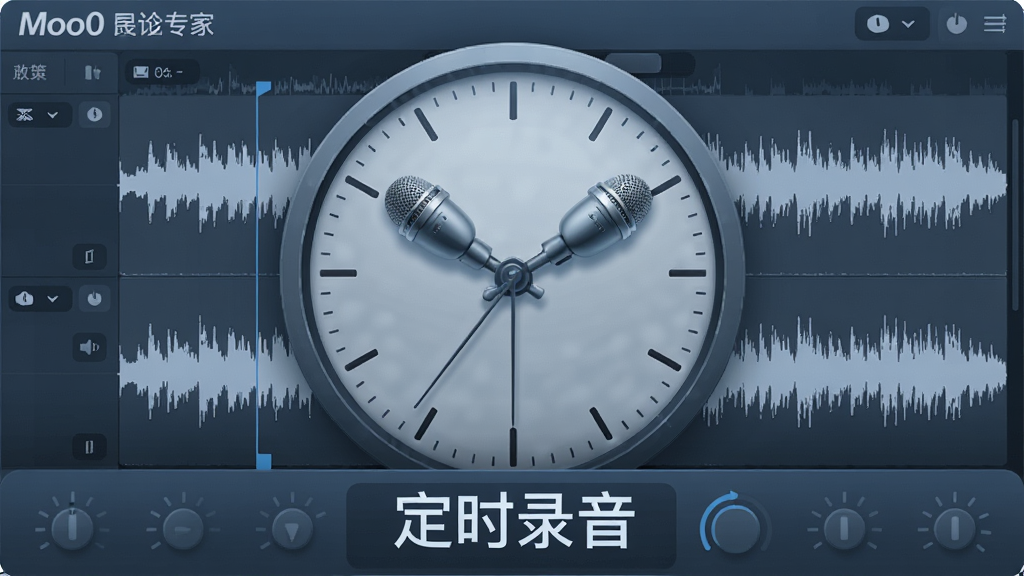 一张概念展示图,画面中央是一个时钟表盘,表盘指针被替换为麦克风造型,背景是Moo0录音专家的波形编辑界面,时钟下方有“定时录音”字样,整体色调为蓝灰科技风,布局简约,细节丰富,画质高清