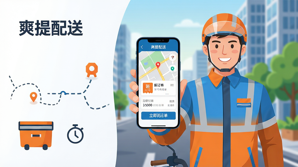 主体:一名身穿配送工作服的骑手手持智能手机,屏幕清晰显示“爽提配送”APP的订单接单界面,背景为城市街道与写字楼,骑手面带微笑自信前行。布局:骑手居中偏右,手机屏幕朝向前方,左侧留白加入“爽提配送”品牌字样与配送路线虚线元素。排版:主视觉突出手机屏幕中的地图导航与订单卡片,下方配以简洁的配送箱与时间图标。风格:现代扁平结合轻微拟物,色彩明亮清新,以橙色和蓝色为主色调,传递高效与可靠感。细节:手机界面需呈现“新订单”“立即抢单”等中文文字,骑手服装有反光条,远处有模糊的楼宇与绿植。画质:高清,干净,无多余元素。
