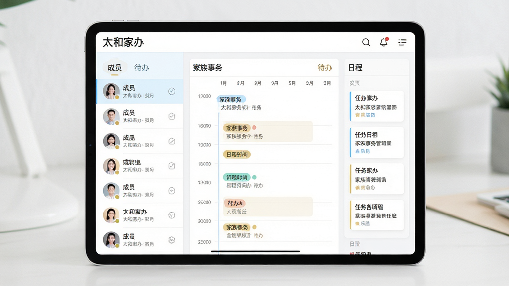 主体:太和家办软件中的“家族事务管理”功能界面,屏幕显示成员列表、日程时间轴和任务卡片。布局:平板电脑横屏展示,左侧为成员头像列表,右侧为详细的日程与待办事项。排版:界面采用列表与日历视图结合,信息层级分明,任务标签用彩色圆点区分。风格:清新简约,白色背景搭配浅蓝与金色点缀,商务感强。细节:屏幕上有“家族事务”“待办”“日程”等文字,顶部有“太和家办”字样。画质:高分辨率,色彩柔和,干净无多余元素。