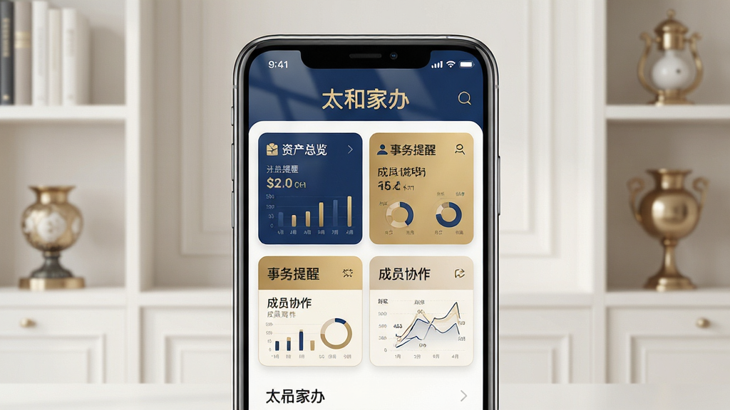 主体:一款名为“太和家办”的智能手机应用界面,屏幕内展示家族办公室管理主页面,包含资产总览、事务提醒、成员协作等模块,界面顶部有“太和家办”品牌字样。布局:手机居中,界面清晰,图标排列有序,背景为浅色简约书房环境。排版:手机屏幕特写,界面功能分区合理,文字标签清晰可读。风格:现代商务扁平化设计,色调以深蓝和金色为主,体现高端专业感。细节:屏幕反射柔和光线,界面图表数据可视化,背景有典雅的装饰物。画质:8K超高清,细节丰富,干净无多余元素。