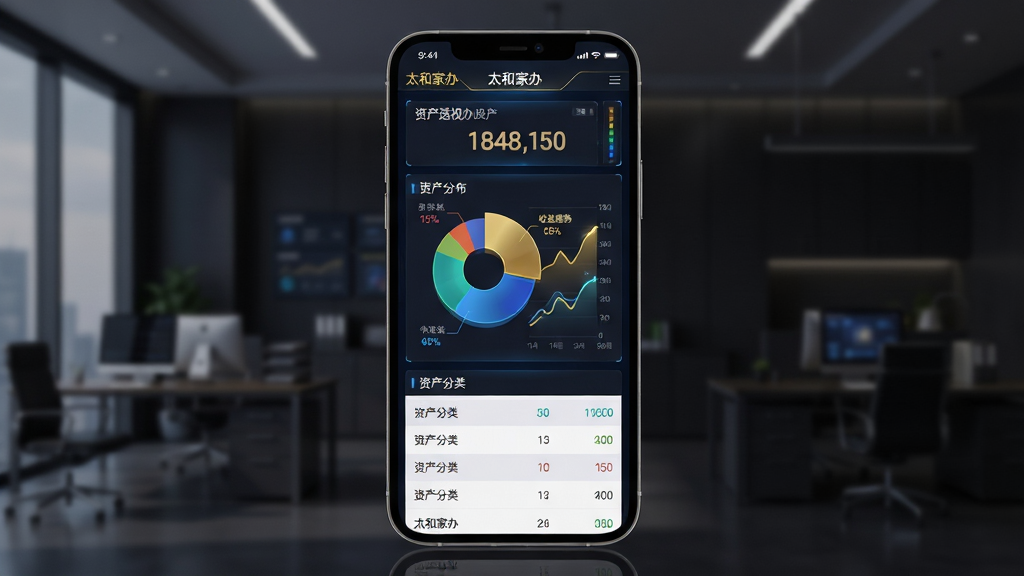 主体:太和家办软件的“资产透视”报表页面,展示饼状图与折线图,标注“资产分布”“收益趋势”。布局:手机竖屏界面,上方为总资产数字,中部为彩色图表,下方为资产分类列表。排版:图表动态展示,数据标签清晰,颜色明亮区分度高。风格:数据可视化大屏风格,深色背景搭配金色与蓝色高亮,科技感强。细节:屏幕内有“太和家办”品牌标识,数值滚动动画,背景为暗色办公室环境。画质:高清渲染,光影细腻,干净无多余元素。