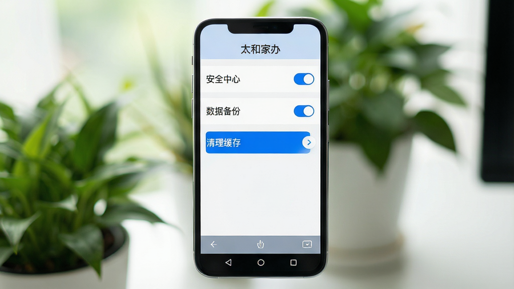 主体:智能手机屏幕上显示太和家办的应用设置界面,包含“安全中心”“数据备份”“清理缓存”等选项。布局:手机竖屏,界面从上到下排列菜单项,顶部有“太和家办”标题栏。排版:菜单文字清晰,右侧有开关按钮和箭头图标。风格:简洁明快,白色背景,蓝色高亮按钮。细节:屏幕下方有虚拟导航键,背景为桌面绿植。画质:高清晰度,光线均匀,干净无多余元素。