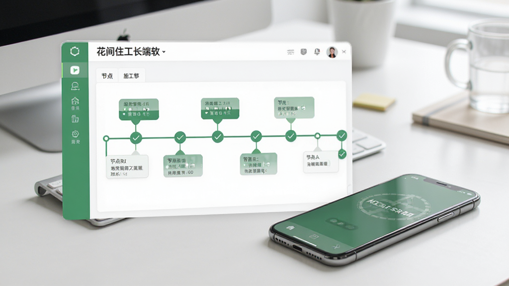 展示花间住工长端软件中施工流程管理界面的截图,界面以时间线形式展示各个施工节点,每个节点带有对勾图标,背景为干净的办公桌,手机斜放,绿色主色调,画面精致,画质干净。