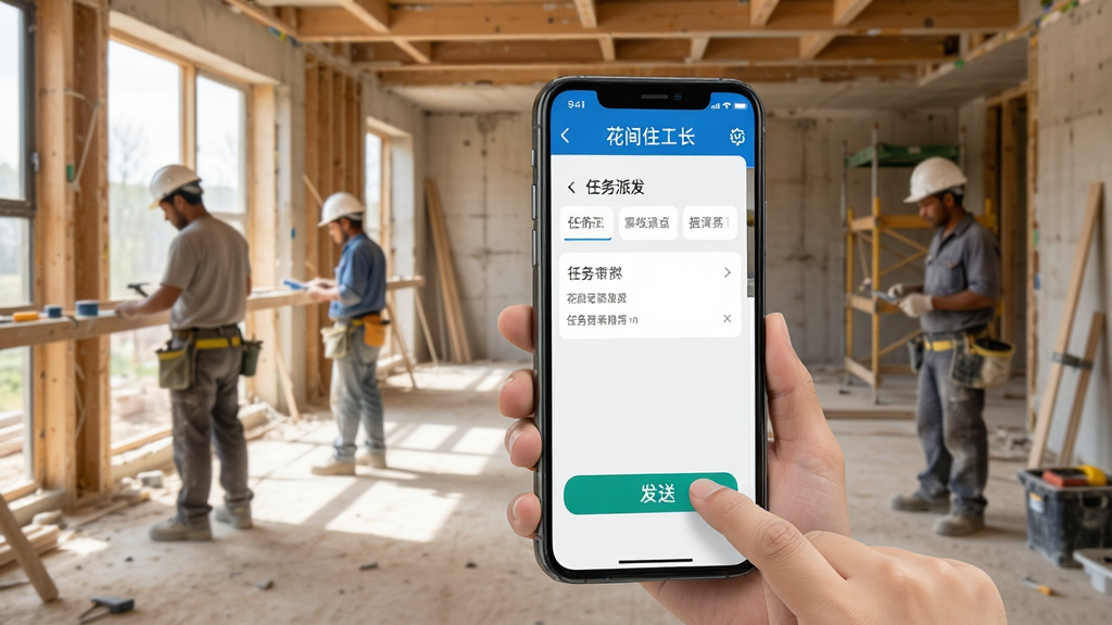 展示花间住工长端APP在手机上的操作场景,手机屏幕显示任务派发界面,手指正在点击“发送”按钮,背景为真实的装修工地现场,有工人正在施工,画面生动自然,光线充足,干净无多余元素。