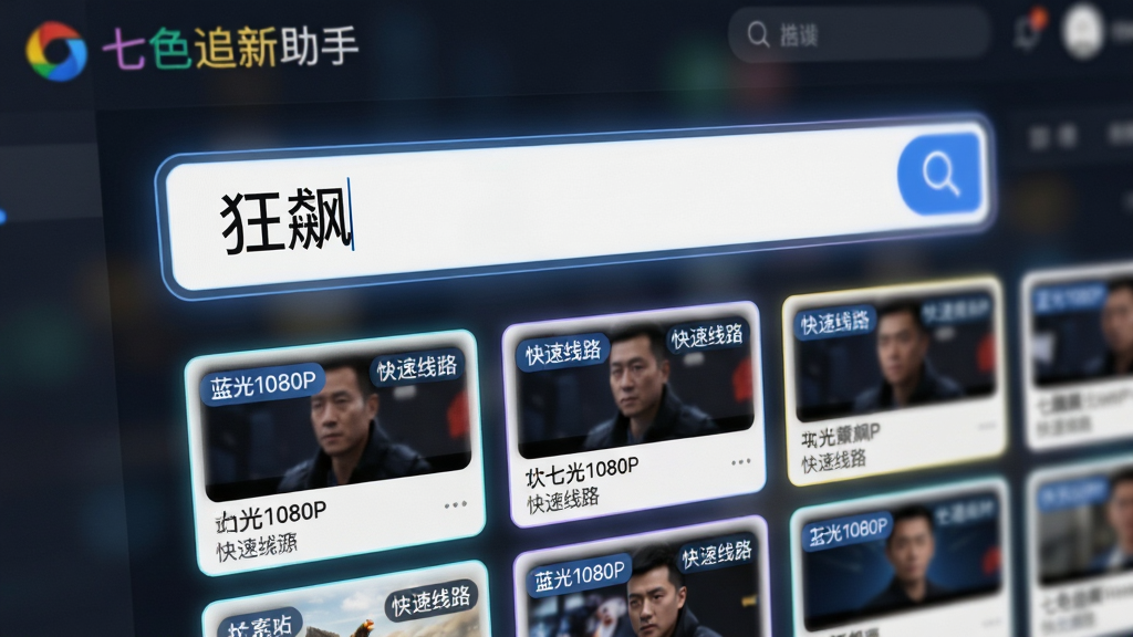 图片主体为七色追新助手搜索界面特写,前景是放大的搜索框,内部有“狂飙”字样及放大镜图标,下方以瀑布流形式平铺展示来自不同站点的多个播放源卡片,卡片上标注有蓝光1080P、快速线路等标签。整体布局上下结构,排版清晰,背景虚化处理突出前景内容。风格为科技感UI设计,细节上每个卡片边缘有微弱发光效果,画质精细通透,干净无多余元素。