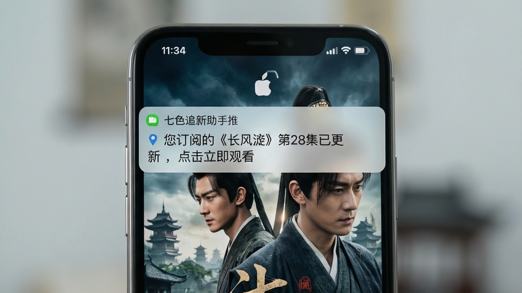 展示七色追新助手推送通知的手机锁屏界面,屏幕中央悬浮着一条消息通知,内容为“您订阅的《长风渡》第28集已更新,点击立即观看”,背景为剧集精美的宣传海报。布局以手机屏幕为主体,居中构图,排版简洁。风格写实,细节包含通知栏的时间、信号图标,手机边缘有金属质感,画质高清,背景虚化干净无多余元素。