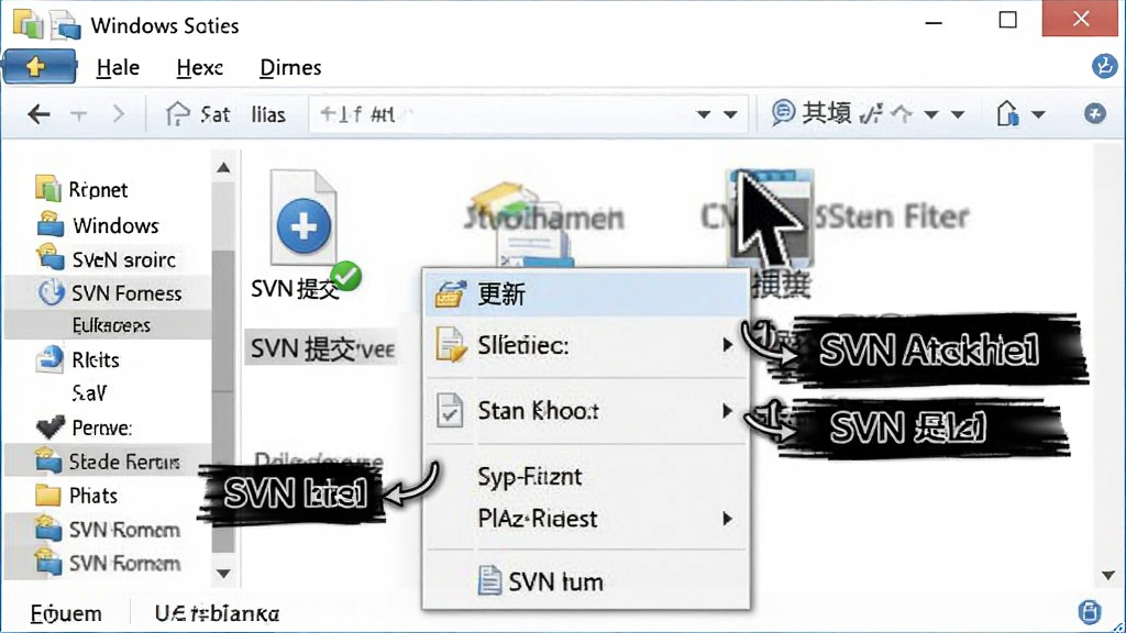 主体:Windows 资源管理器窗口,鼠标右键点击一个文件,弹出包含“SVN 更新”、“SVN 提交”等选项的菜单。布局:资源管理器占据背景,右键菜单在鼠标位置展开,指向清晰。排版:菜单项垂直排列,文字易读。风格:写实截屏风格,结合清晰的标注。细节:文件图标上有绿色对勾状态标识。画质:干净,无多余元素。