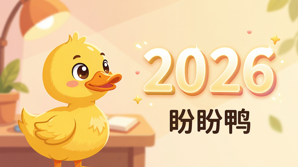 主体:一只可爱的黄色卡通鸭鸭形象,正专注地看着前方悬浮的发光倒计时数字“2026”,背景是温馨的书桌一角。布局:鸭鸭位于画面左侧三分之一处,呈半侧面站立姿势,右侧大面积留白展示倒计时数字与“盼盼鸭”软件名称字样。排版:整体构图平衡,主体突出,文字信息清晰可读。风格:扁平化矢量插画风格,色彩明快温暖,搭配柔和的渐变背景,营造出轻松积极的氛围。细节:鸭鸭眼神灵动,羽毛质感细腻,倒计时数字带有微妙的立体光效,画面干净整洁。画质:4K超高清,清晰锐利,无多余元素。