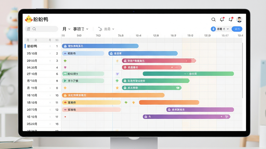 主体:一个宽屏显示器或平板电脑的屏幕,显示“盼盼鸭”软件内的月视图时间轴界面,不同颜色的进度条代表不同事项。布局:屏幕占据画面主要部分,展示完整的时间轴网格,左侧是日期列表,右侧是彩色进度条区域。排版:横向时间轴布局,信息层级分明,色彩区块错落有致。风格:现代感十足的UI设计风格,线条流畅,配色专业且舒适。细节:界面中的文字清晰可见,进度条带有细腻的渐变效果。画质:高分辨率,细节毕现,界面无任何冗余元素。
