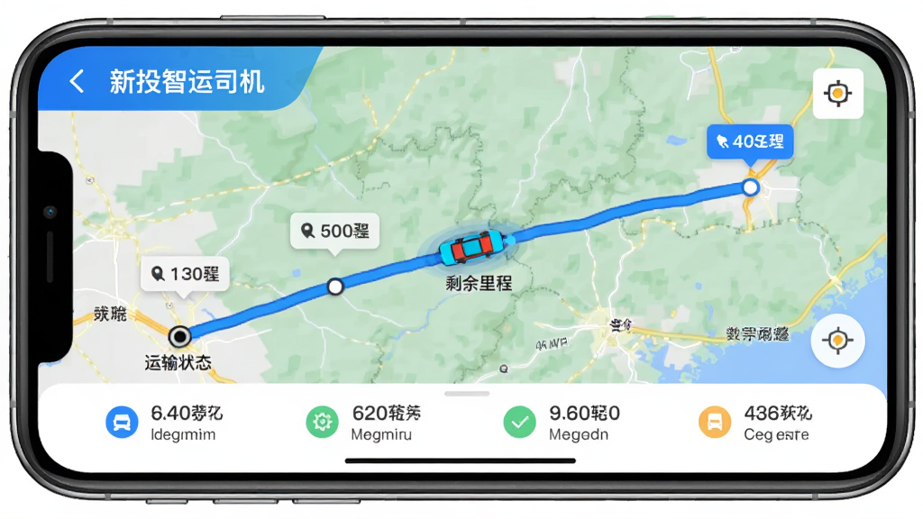 手机横屏展示“新投智运司机”APP的运输轨迹追踪界面,地图上显示一条从起点到终点的蓝色路线,并带有车辆图标移动动画。布局以地图为主体,底部列出运输状态节点。排版简洁,功能标识清晰。风格扁平化结合地图实景,色彩鲜艳,突出可视化效果。细节包括路线上的标注点与剩余里程。画质干净,无多余UI干扰。