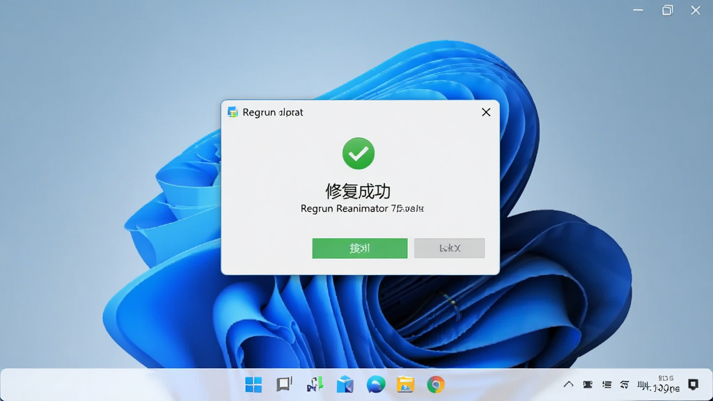 显示Regrun Reanimator在Windows 11系统上运行的预览图,主体为软件修复完成后的提示框,显示“修复成功”字样,背景为桌面系统,布局为截图风格,色调明亮,细节包含系统任务栏,画质清晰干净