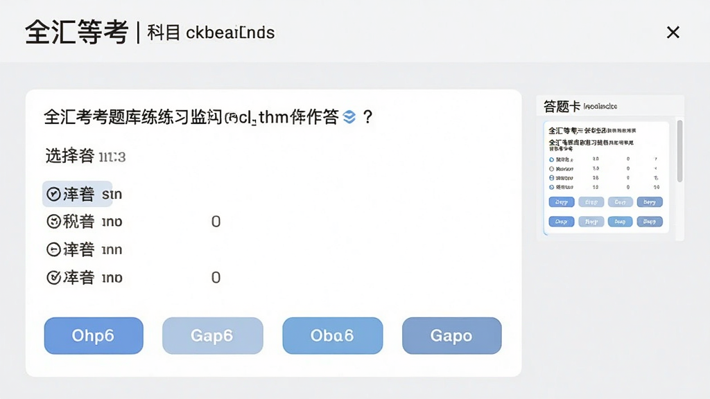全汇等考题库练习页面,展示选择题作答界面,题目下方有四个选项按钮,右侧显示答题卡缩略图,背景为浅灰色,题目文字清晰,顶部标注“全汇等考”与科目名称,风格干净简洁,画质高清,无多余元素