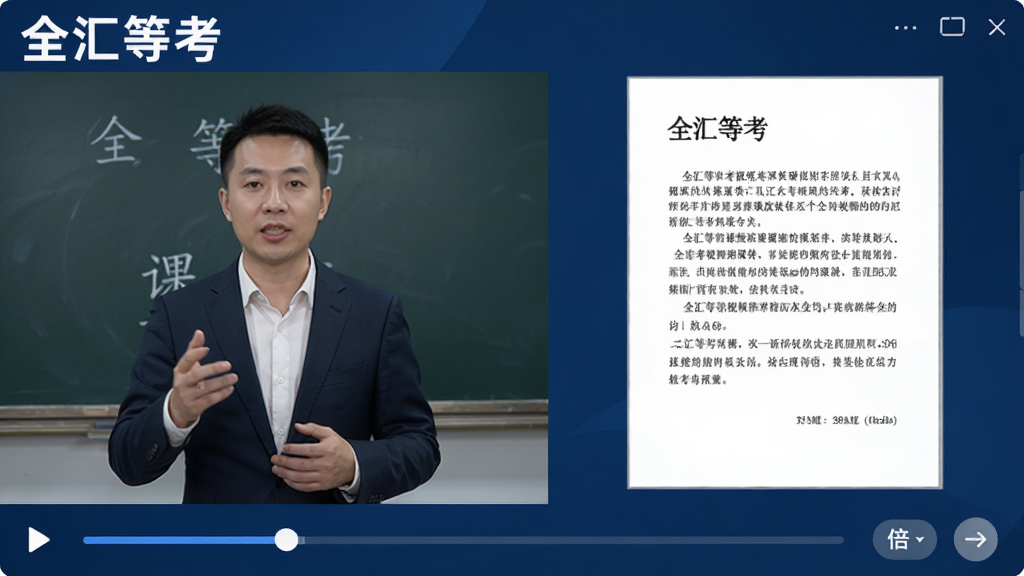 全汇等考视频课程播放界面,左侧为讲师讲解画面,右侧为课件文稿,下方有进度条与倍速调节按钮,整体风格专业,界面以深蓝色为主色调,清晰标注“全汇等考”字样,画质高清,干净无多余元素