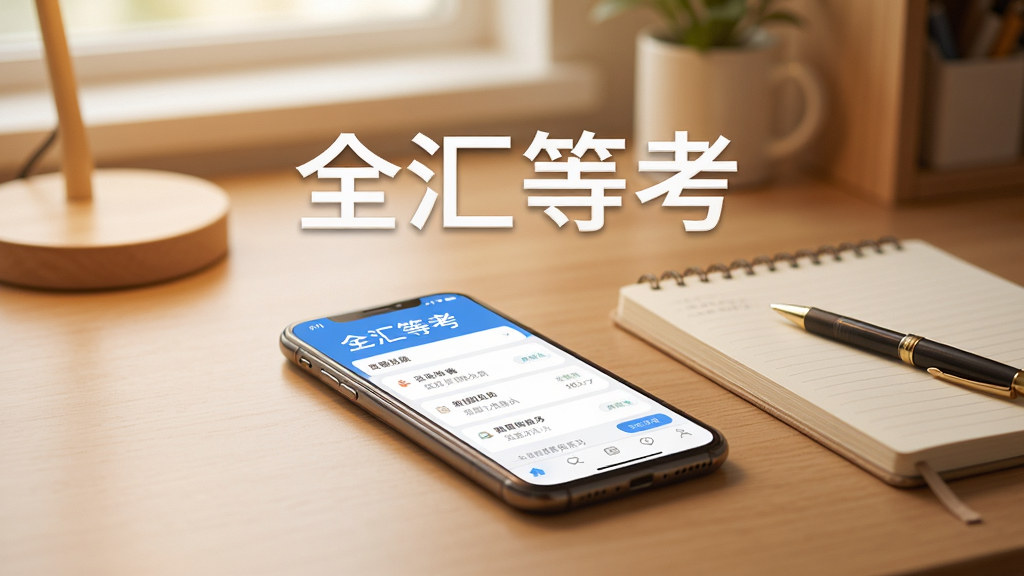 全汇等考使用场景图,一部手机平放在桌面上,屏幕显示全汇等考学习界面,旁边放着笔记本和笔,背景是温馨的书桌,光线柔和,风格写实,画面干净,突出软件名称“全汇等考”