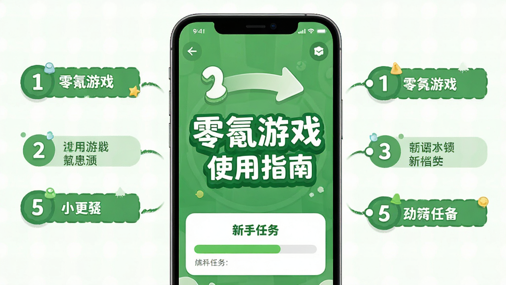 主体:手机屏幕显示零氪游戏的使用教程界面,屏幕上有步骤指示箭头和文字“零氪游戏 使用指南”。布局:居中构图,手机模型两侧有功能注解。排版:信息条理清晰,步骤编号明显。风格:教育风格,绿色系,友好亲切。细节:界面干净,有“新手任务”进度条,画质清晰。