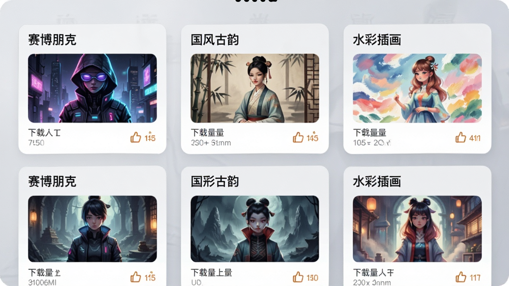 奇梦AI软件模型广场界面预览图,画面展示手机APP内的模型分类列表,如“赛博朋克”、“国风古韵”、“水彩插画”等标签卡片,每张卡片上覆盖着代表性的AI生成缩略图,背景是浅灰色的磨砂质感,界面采用卡片式布局,风格清新明亮,细节包括下载量和点赞数图标,画质细腻,画面整洁无多余元素