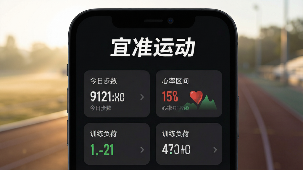 一张智能手机屏幕特写,屏幕中显示宜准运动App的主界面,界面以深色为主色调,上方醒目地展示着“宜准运动”品牌字样,下方卡片式布局清晰罗列今日步数、心率区间、训练负荷等数据模块,背景是模糊的户外跑道与清晨阳光,整体画面干净、科技感强,画质高清,无多余元素