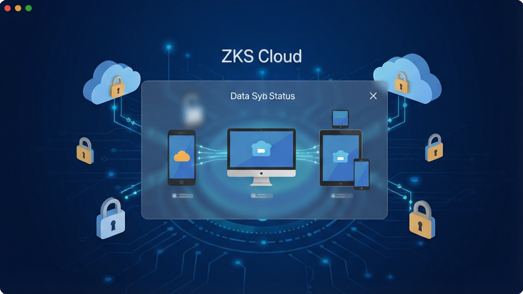 一张展示ZKS Cloud软件主界面的高清截图,主体为深蓝色科技感背景,中央悬浮着半透明的数据同步状态面板,显示手机与电脑、平板等多设备图标通过光线连接,周围环绕加密锁与云朵图形,界面布局简洁现代,文字标注