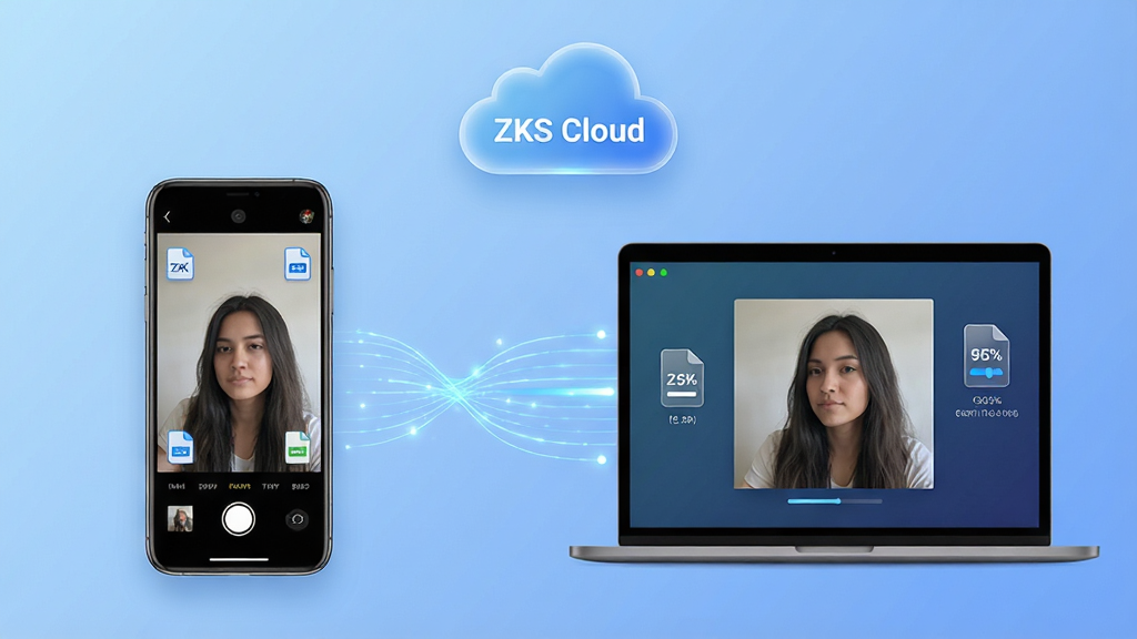 一张展示ZKS Cloud智能同步功能的动态示意图,主体为左右分屏布局,左侧为手机界面显示拍摄照片,右侧为笔记本电脑界面显示相同照片正在同步,中间以发光的流动线条连接,背景为柔和的渐变蓝色,上方悬浮着