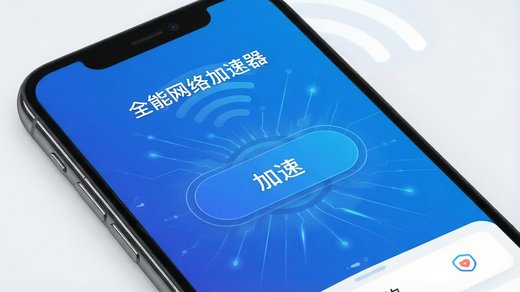 一张展示手机屏幕中“全能网络加速器”主界面的高清图片,界面设计简洁现代,中央有醒目的加速按钮,背景为蓝色渐变科技感风格,整体布局干净,画质细腻,干净,无多余元素