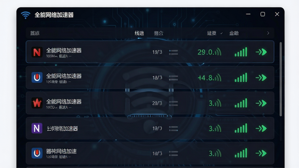 一张展示“全能网络加速器”线路选择界面的高清图片,界面上有多条线路列表,每条线路显示延迟数值和信号图标,背景为深色科技风,画面清晰,布局规整,干净,无多余元素