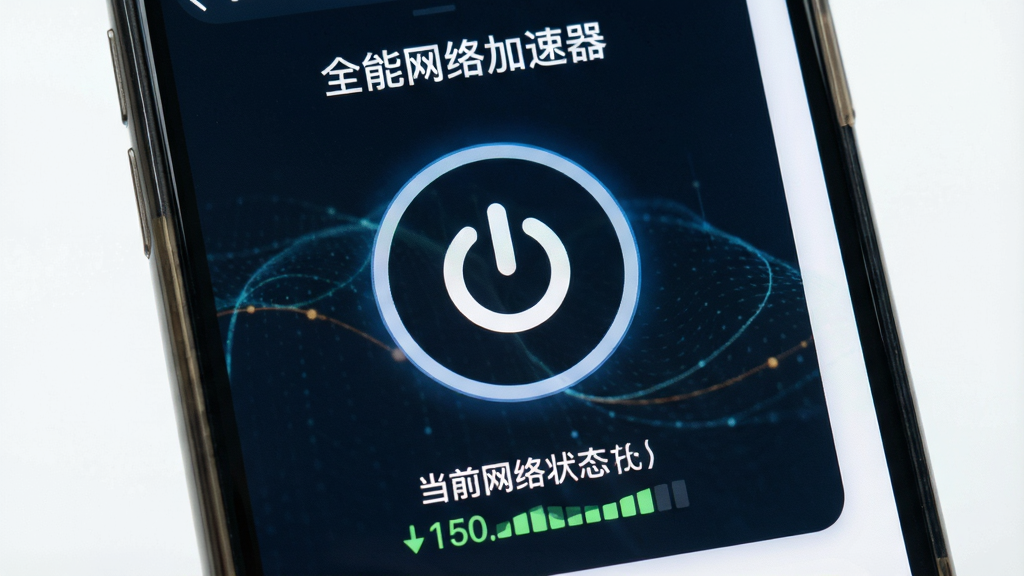一张展示“全能网络加速器”一键连接按钮的特写图片,手机屏幕中央有大大的圆形电源按钮,界面下方有当前网络状态信息,背景简洁明亮,画质干净,无多余元素