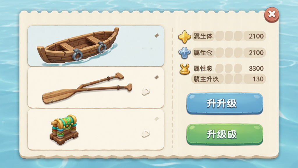 游戏UI界面图,主体为漂流筏升级改装面板,左侧显示不同部件如船体、船桨与装饰,右侧为属性数值与升级按钮,背景为淡蓝色水面,风格清新,布局规整,画质干净,无多余元素。