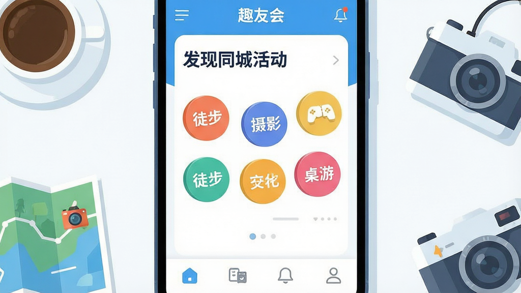 一幅展示智能手机屏幕的俯视图,手机屏幕内是“趣友会”APP的界面,界面以清新蓝白为主色调,顶部显示“发现同城活动”字样,中部有多个彩色圆形兴趣标签如“徒步”、“摄影”、“桌游”悬浮排列,底部是导航栏图标,画面周围散落着咖啡杯、地图、相机等小道具,整体风格明亮、现代、扁平化插画风格,构图均衡,细节丰富,画质干净,无多余元素