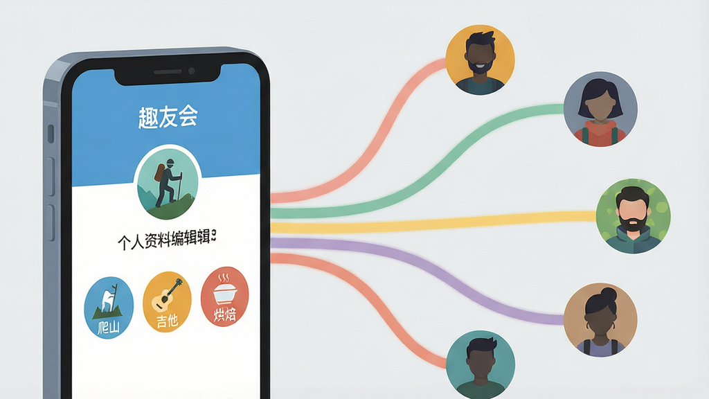 一张扁平化风格的概念图,左侧是一个立体的手机屏幕,屏幕内显示“趣友会”APP的个人资料编辑页,上面有“爬山”、“吉他”、“烘焙”等兴趣标签图标,右侧由这些标签延伸出多条柔和的彩色弧线,连接到几个风格各异的人物头像剪影上,代表精准匹配,背景为浅灰色,构图清晰,主题鲜明,画质干净,无多余元素