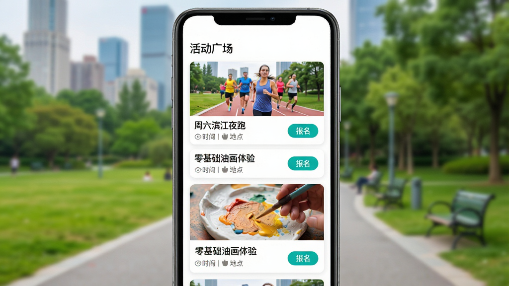 一张手机APP界面展示图,界面标题为“活动广场”,以列表形式展示不同活动卡片,卡片上有活动照片、标题如“周六滨江夜跑”、“零基础油画体验”,并标注时间、地点和“报名”按钮,背景是模糊的城市公园实景,界面风格简约现代,图片色彩鲜艳明亮,构图完整,画质清晰
