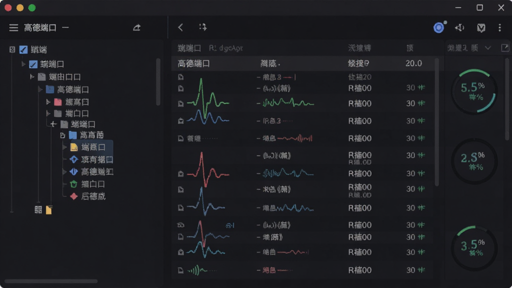 高德端口软件运行截图风格插画,主体为扫描结果列表界面,布局为左右分栏,左侧是端口树状图右侧是进程详情,风格为简洁深色主题,细节包含信号波形与百分比指示,画面干净无多余元素