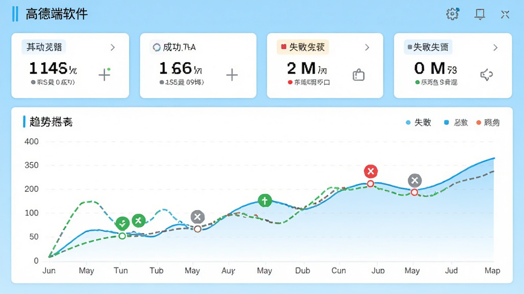 高德端口软件连接测试预览图,主体为仪表盘与折线图界面,布局为顶部统计卡片下方趋势图谱,风格为明亮浅蓝背景,细节包含成功与失败标记点,画质精细无冗余装饰