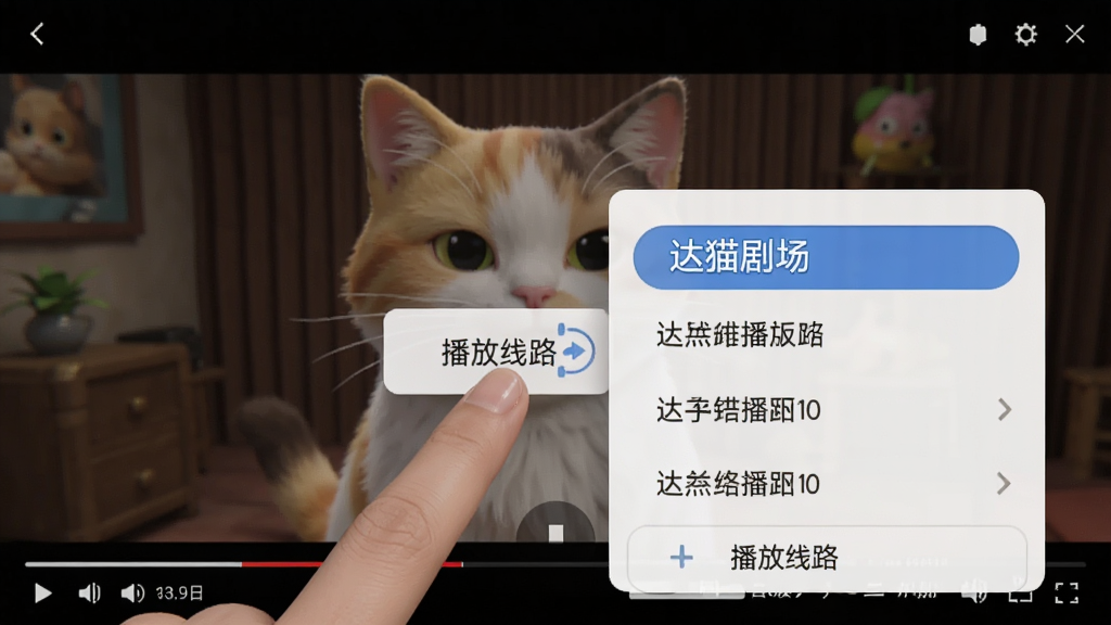 达猫剧场播放过程中切换线路的操作截图,手指正在点击屏幕上的“播放线路”按钮,界面弹出多个线路选项,背景为正在播放视频的暂停画面,画质高清,UI清晰可辨,风格简洁