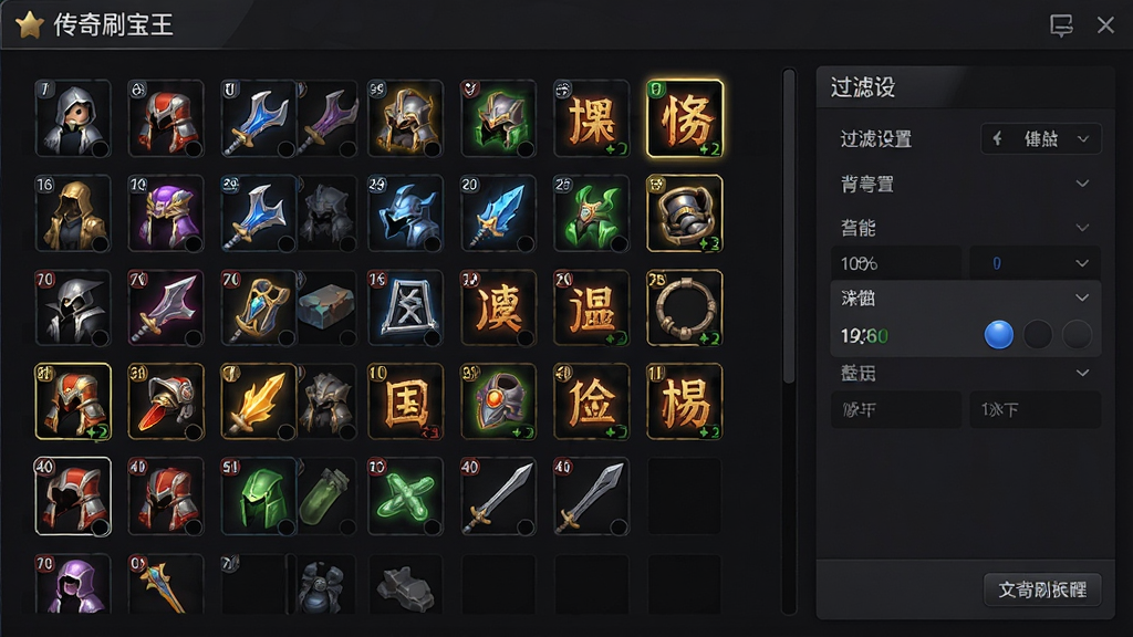 主体:传奇刷宝王背包整理界面,装备按品质颜色排列。布局:左侧背包格子,右侧显示过滤设置选项。排版:物品图标清晰,色彩分类明确。风格:简洁的UI设计,深色背景。细节:高亮显示极品装备,画质高清,干净,无多余元素,文字为“传奇刷宝王”。