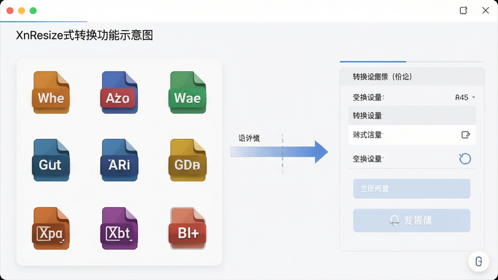 XnResize格式转换功能示意图,显示多种格式图标与转换设置选项,界面直观,操作便捷,风格简约现代,细节丰富,画质清晰,无多余元素