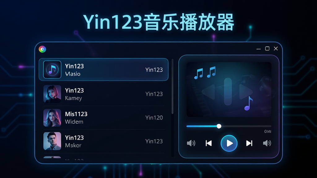 主体:Yin123音乐播放器软件界面在深色背景上显示,左侧为音乐列表,右侧为播放控制面板。布局:界面居中,上下排列,上方为软件名称“Yin123音乐播放器”字样,下方为播放界面。排版:现代简约风格,圆角窗口,清晰的功能分区。风格:科技感,深蓝与黑色渐变背景,霓虹色点缀。细节:音乐列表有歌曲名和歌手名,播放器上有进度条和音量控制。画质:高清,干净,无多余元素,8K渲染。