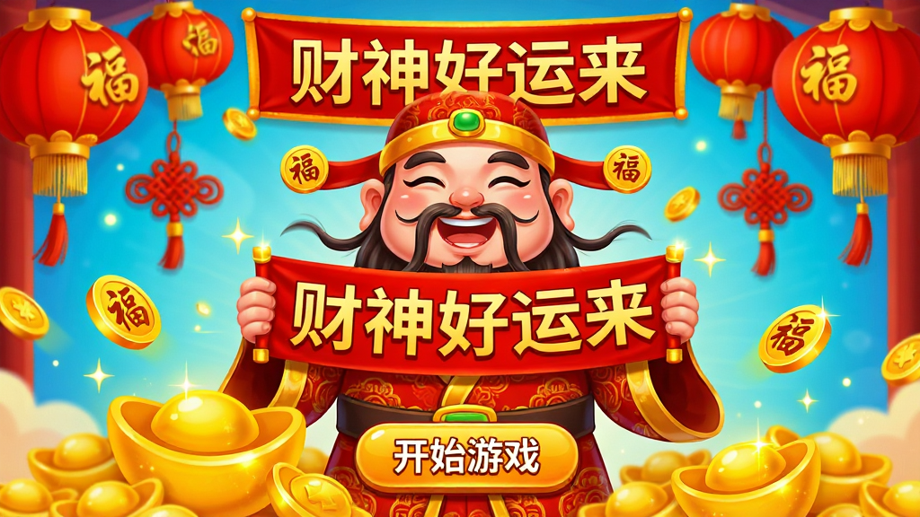 主体:游戏主界面展示,一个卡通财神爷笑眯眯地站在金色元宝堆旁,双手捧着写有“财神好运来”的红色横幅。布局:财神爷居中,背景是红灯笼、中国结和金币飘落的喜庆场景。排版:横幅文字清晰置于画面上方,下方有“开始游戏”按钮。风格:明亮卡通插画风,色彩以红黄金为主。细节:财神爷穿着传统锦袍,胡须飘动,周围有闪闪发光的金币和“福”字。画质:高清渲染,干净无多余元素。