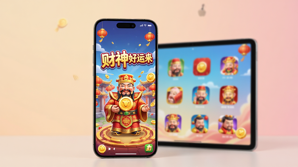 主体:一部智能手机竖立显示游戏界面,旁边放着一台平板电脑。布局:手机居中,平板在右后方,背景是柔和渐变。排版:屏幕上有“财神好运来”字样和金币图标。风格:现代科技感与喜庆元素结合。细节:手机屏幕显示游戏主场景,平板显示游戏图标。画质:高清渲染,干净无多余元素。