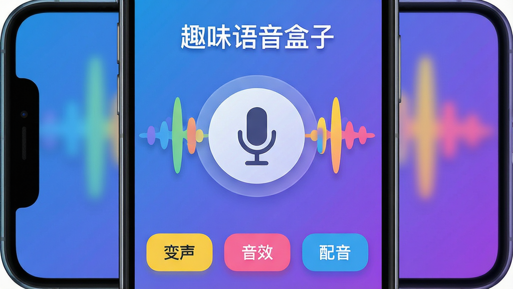 主体:趣味语音盒子的手机应用界面展示,界面中央有一个麦克风图标,周围环绕着五彩斑斓的音效波形。布局:以手机屏幕为画框,界面UI元素分布其上,下方有多个功能按钮,如“变声”、“音效”、“配音”。排版:采用左右对称的布局,上方为应用名称文字“趣味语音盒子”,中下方为功能区域划分,整体信息层级分明。风格:扁平化设计风格,色彩明快活泼,以蓝色和紫色渐变为主色调,搭配黄色和粉色点缀,视觉上充满科技感与趣味性。细节:画面干净整洁,图标清晰,带有柔和的光影效果,突出“趣味”与“语音”的主题。画质:高清,渲染精细,色彩饱满,干净,无多余元素。