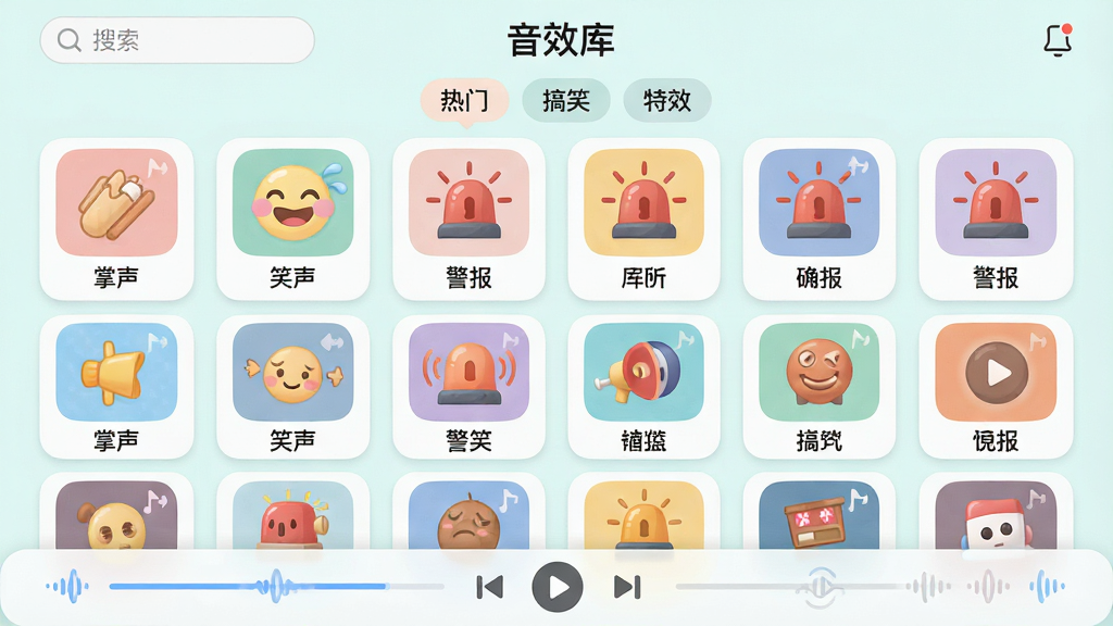 主体:趣味语音盒子的“音效库”界面截图,展示网格状排列的多种音效图标。布局:采用网格布局,每个格子内包含一个音效图标和简短名称,如“掌声”、“笑声”、“警报”,底部有播放控制条。排版:图标排列整齐有序,每行三个,共四行,顶部有搜索栏和分类标签如“热门”、“搞笑”、“特效”。风格:明亮清新的浅色背景,UI图标采用圆角卡片式设计,色彩柔和,富有亲和力。细节:每个音效图标都设计了独特的小图形,播放时有动态波纹反馈,界面文字清晰易读,整体干净清爽。画质:高清,图标细节丰富,无多余元素。