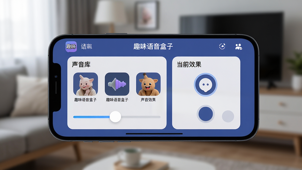 主体:一张智能手机横屏操作的画面,屏幕上显示趣味语音盒子的变声设置页面。布局:手机位于画面中央,屏幕内容清晰可见,背景为模糊的室内环境。排版:界面突出显示“声音库”和“当前效果”两个区域,有滑动条和圆形按钮。风格:写实摄影风格,光线柔和,强调手机屏幕的显示效果。细节:屏幕内文字清晰,可辨识出“趣味语音盒子”字样,周围环境整洁,暗示在安静的房间内使用。画质:高清,对焦准确,无多余元素。