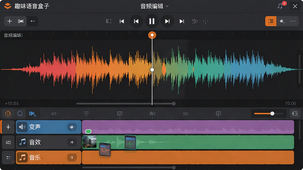 主体:趣味语音盒子的“音频编辑”工作界面,显示一段正在编辑的音频波形。布局:界面上方为预览及播放控制区,中间为波形显示区,下方为轨道编辑区,包含“变声”、“音效”、“音乐”三个可添加的素材轨道。排版:波形图占据主要视觉面积,采用横向时间轴布局,各功能按钮分层排列,逻辑清晰。风格:现代化的专业音频软件风格,采用深灰与橙色的配色方案,强调功能性与视觉舒适度。细节:波形图颜色鲜艳,带有定位光标,不同轨道用不同颜色区分,素材块可拖拽调整,界面精致且专业感十足。画质:超清,波形边缘平滑,无多余元素。