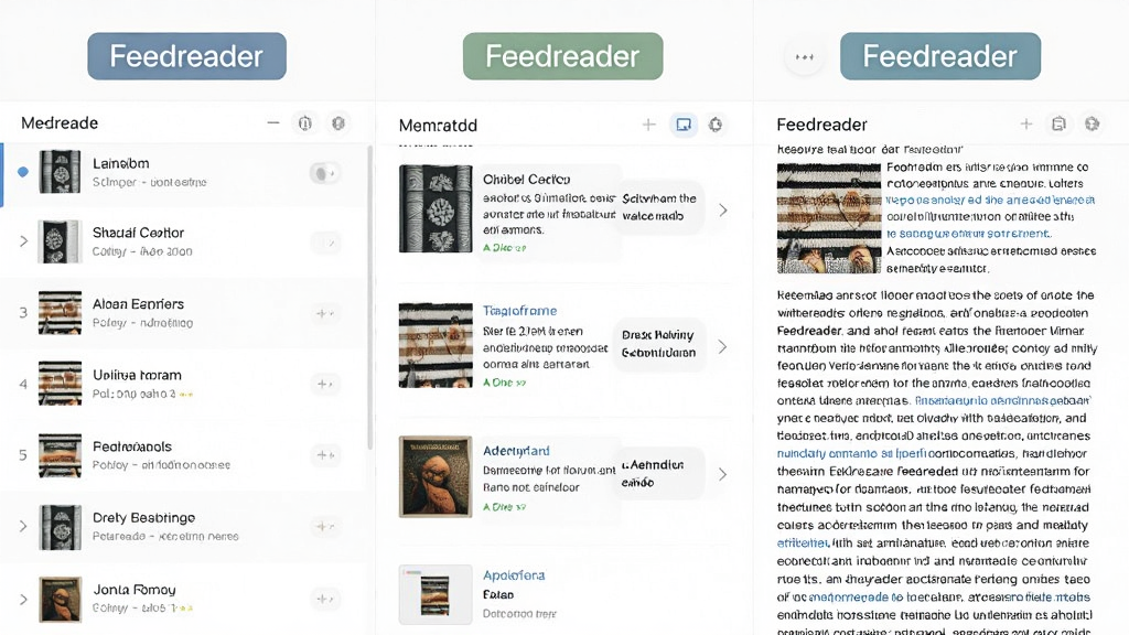 Feedreader三种阅读视图并排对比,左侧列表,中间摘要,右侧全文,现代简约风格,配以文字说明标签,排版清晰,画质干净,无多余元素