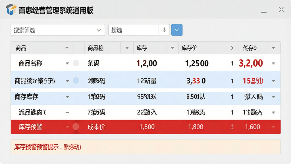 主体:百惠经营管理系统通用版商品库存管理界面。布局:屏幕中央展示商品列表与库存数量,上方为搜索筛选栏,底部为库存预警提示。排版:列表视图,表格行清晰规整,库存数字突出显示。风格:商务简洁风,界面以浅灰色为底色,数据行采用白色与淡蓝色交替。细节:商品名称、条码、库存量、成本价等列排列有序,预警行用红色字体标注,屏幕左上角有“百惠经营管理系统通用版”Logo。画质:高清,界面元素锐利无锯齿,整体干净整洁。